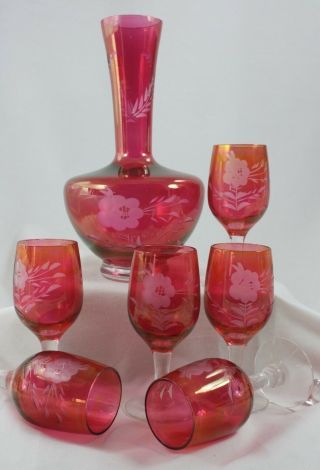 Glass Decanter,  6 Glasses - Ruby Red