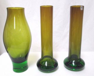 Raymor Set 3 Vases Green Mid - Century Modern European Glass Vintage