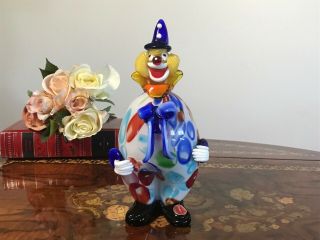 Vintage Murano Art Glass Clown Figurine With Label - Handmade - Balloon