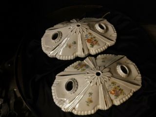 Pair Vintage Art Deco Porcelain 2 Light Socket Ceiling Light Fixture Flush Mount