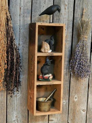 Antique Primitive Wood Divided Crate Shelf,  Black Cat Crow Halloween Display