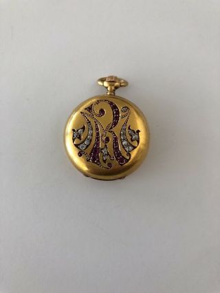 18k Gold Lady Pocket Watch Mono Diamonds Rubies " Mr " Longines Paris Grand Prix