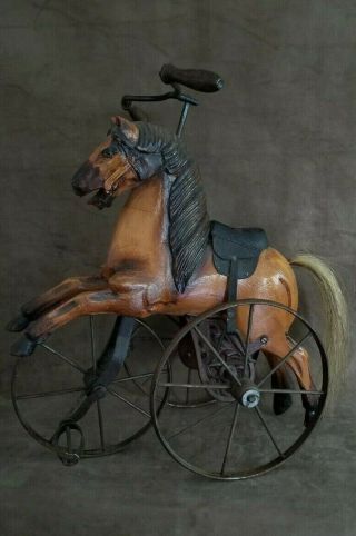 Vintage Carved Horse Tricycle Wood & Metal Doll Size 16 " Tall Operable Wheels