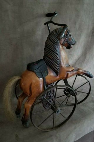 Vintage Carved Horse Tricycle Wood & Metal Doll Size 16 