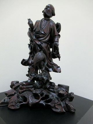 Vtg Hong Kong Hand Carved 14 3/4 " Ebony Wood Statue Immortal With Crane