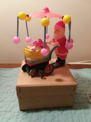 Vintage Japan Celluloid Santa Pushing Cart With Toys Wind Up Toy