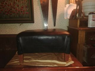 Vintage Mid Century Modern Black Leather Foot Stool Ottoman Chair Strong Legs