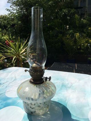 Antique/ Vintage Oil Lamp Glass Marble Effect Font And Glass Chimney,  Duplex