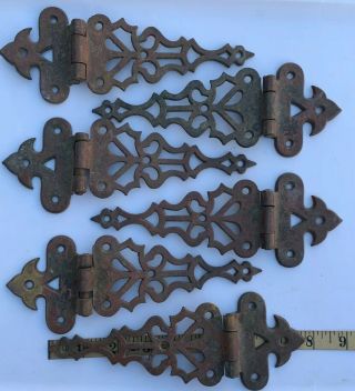 6 Antique Solid Brass Hinges - 7 3/4” - Large - Gate Hinges Strap Hinges Icebox