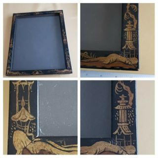 Antique Chinese Lacquer Picture Photo Frame Black With Gold Motifs Chinoiserie