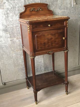 French Antique Mahogany Marble Top Nightstand With Parquetry Door