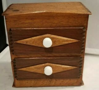 Vintage Antique Wooden Cigar Box Tramp Art 2 Drawer Trinket Box