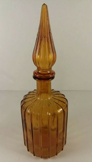 Mid - Century 9.  5 " Genie Bottle Ribbed Amber Glass Decanter With Stopper