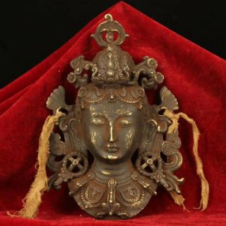 Tibet Collect Buddhism Purple Bronze Green Tara Buddha Head Mask Statue Af02a