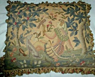 Vintage Needlepoint Cushion Medieval Lady With Bird And Dog