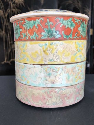 Antique Straits Chinese Nyonyaware Polychrome Floral Stacking Bowls Boxes
