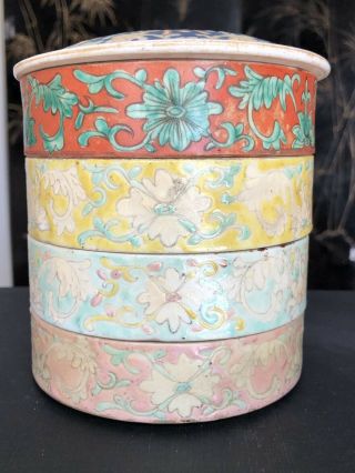 Antique Straits Chinese Nyonyaware Polychrome Floral Stacking Bowls Boxes 3