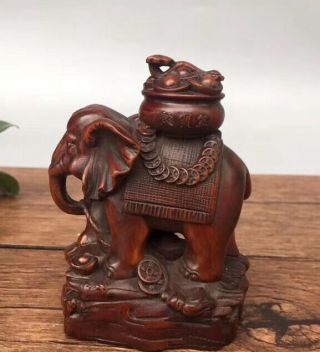 Royal Family Collectable Boxwood Handwork Carve Elephant Hold Wealthy Old Statue