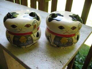 Unusual Pair Mid Century Modern Paper Mache Humidor Made In Japan Kitty Cat