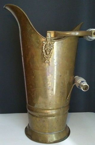 Vintage Brass Coal Scuttle Ash Umbrella Bucket Lion Heads With 2 Delft Handles