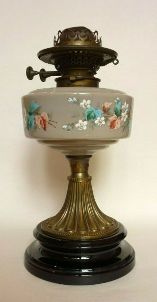 Antique Duplex Brass Oil Lamp With Painted Opaline Glass Font