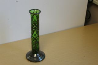 Antique Vintage Green Glass Bud Vase - Silver Overlay