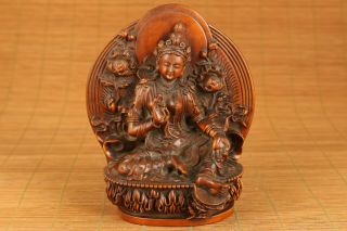 Antique Old Boxwood Hand Carved Buddha Green Tara Netsuke Table Decoration