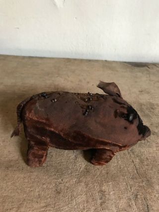 RARE Early Antique Handmade Brown Pig Pin Cushion Old Pins Textile AAFA 4