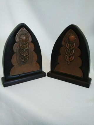 Antique Arts And Crafts Copper Sunflower And Wood Bookends