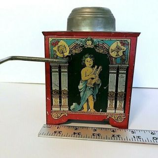 Antique Toy Windup Music Box Tin Litho Angels - On 4 Sides Germany B1