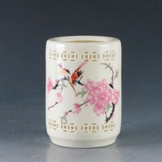 Chinese Porcelain Hand - Painted Flower & Birds Brush Pot