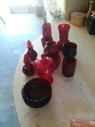 Red Glass Bowls,  Glasses,  Candy Dish,  Oil/vinegar Containers,  Vase