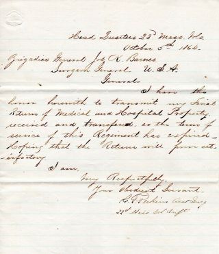 1862,  22nd Mass.  Surgeon,  George T.  Perkins,  Signed Final Report Letter,  Plus 1