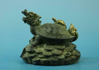 Chinese Old Fengshui Copper Gilding Dragon Turtle Statue /qianlong Mark E01