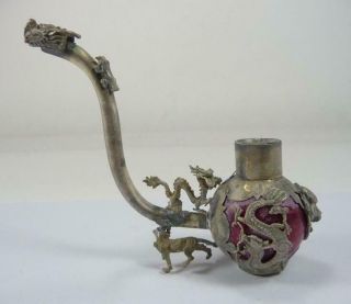 Old Handwork Jade Inlay Pipe Tibet Silver Dragon Smoking Pipe Collectible A02