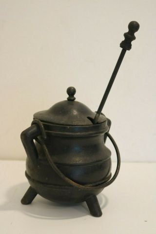 Antique Vintage Cast Iron Cape Cod Style Fire Starter Pot With Wand
