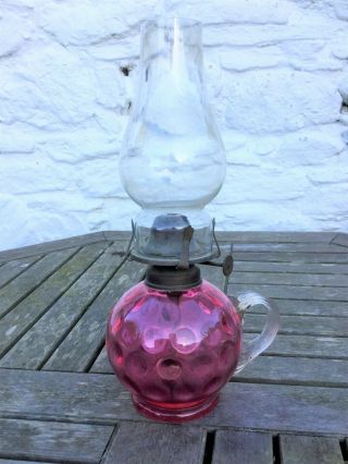 Antique Glass Finger Oil Lamp Dimpled Cranberry Font Falk Burner Griffin Chimney