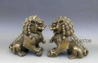 Chinese Brass Copper Animal Feng Shui Foo Dog Lion Town House Statue Pair G02