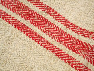 Perfect Vtg Antique Red Stripe French Hemp Linen Fabric Feedsack Grain Bag 21x48