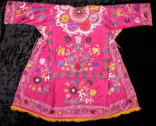 Vintage Old Gorgeous Uzbek Silk Hand Embroidery Robe Chapan Jacket Caftan A12524