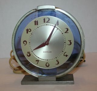 Vintage Art Deco Westclox Andover Chrome & Blue Glass Table Shelf Electric Clock