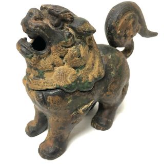 Antique Cast Iron Chinese Foo Dog Lion Gold Paint Gilded Incense Burner Censer