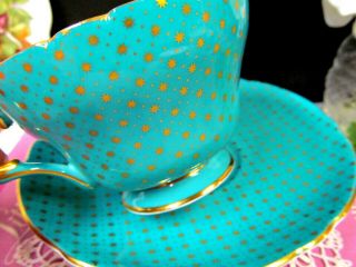 Shelley Tea Cup And Saucer Chintz Pattern Teacup Gold Starburst Aqua Green