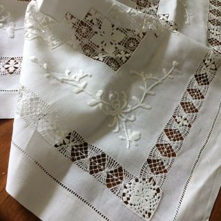 Antique Vtg Tablecloth Silky Ivory Linen Teneriffe Lace Embroider Victorian 29 "