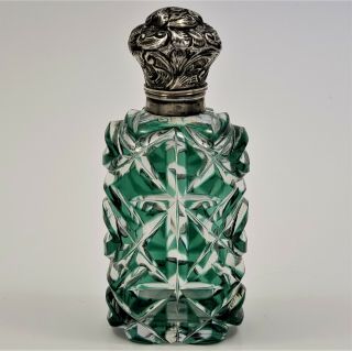 Antique Victorian Perfume Scent Bottle Green Cut To Clear Overlay Silver Cap