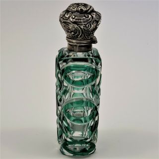 Antique Victorian Perfume Scent Bottle Green Cut to Clear Overlay Silver Cap 2