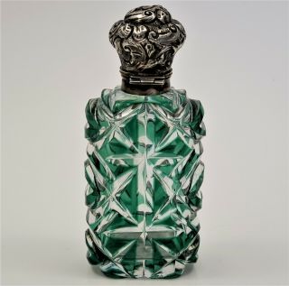 Antique Victorian Perfume Scent Bottle Green Cut to Clear Overlay Silver Cap 3