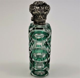 Antique Victorian Perfume Scent Bottle Green Cut to Clear Overlay Silver Cap 4