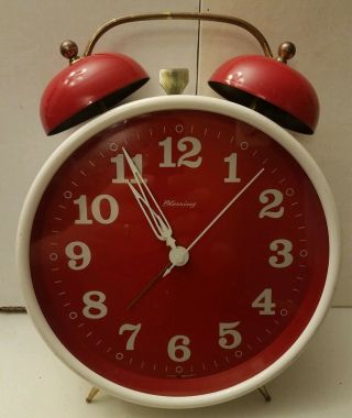 Vintage 1970s West Germany Blessing White And Red Windup Alarm Clock