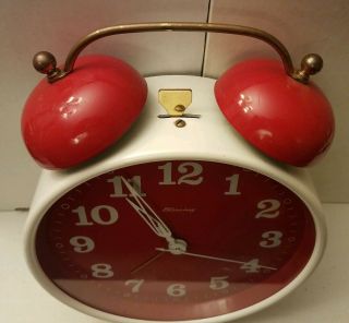 Vintage 1970s West Germany BLESSING White And Red Windup Alarm Clock 3